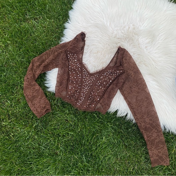 Victoria’s Secret Dream Angels Shimmer Long Sleeve Corset Top Brown Lace Medium - Picture 2 of 7